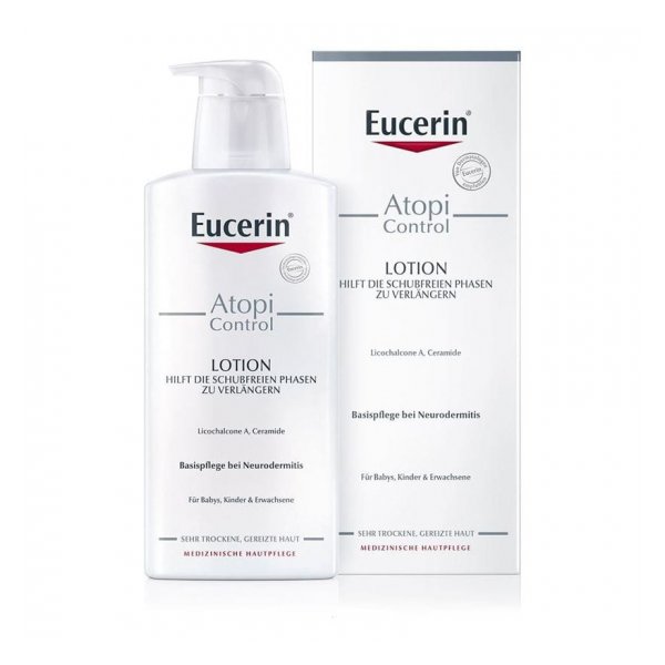 Eucerin Atopi Control Lotion in einer durchsichtigen Flasche mit Pumpe, umgeben von einer weißen Verpackung.