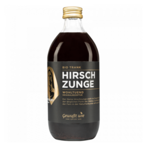 Braune Glasflasche mit schwarzem Etikett, die den Bio-Trank 'Hirschzunge' beschreibt, wohltuende Originalrezeptur.