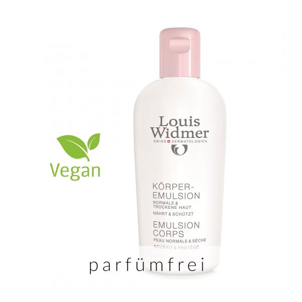 Eine Flasche Körperemulsion von Louis Widmer mit rosa Verschluss, für normale und trockene Haut, parfümfrei und vegan.