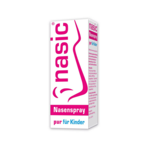 Verpackung eines Nasensprays für Kinder mit pinkem Schriftzug und einer Darstellung der Anwendung.
