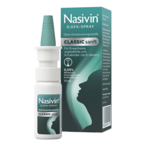 Nasivin Classic sanft Nasenspray in einer weißen Sprühflasche mit grüner Umverpackung.