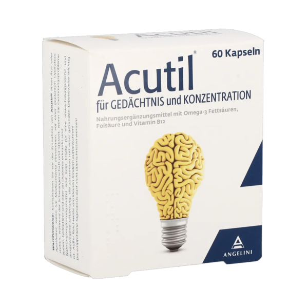 Verpackung von Acutil Kapseln mit einem Glühbirnen-Design, das das Gehirn darstellt, für Gedächtnis und Konzentration.
