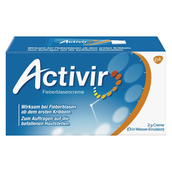Verpackung von Activir Fieberblasencreme, blau mit Informationen zur Anwendung bei Fieberblasen.
