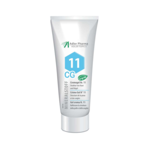 Weißer Tubus mit Cremegel Nr. 11 für Haut und Nägel, vegan, mit blauen und grünen Labels.