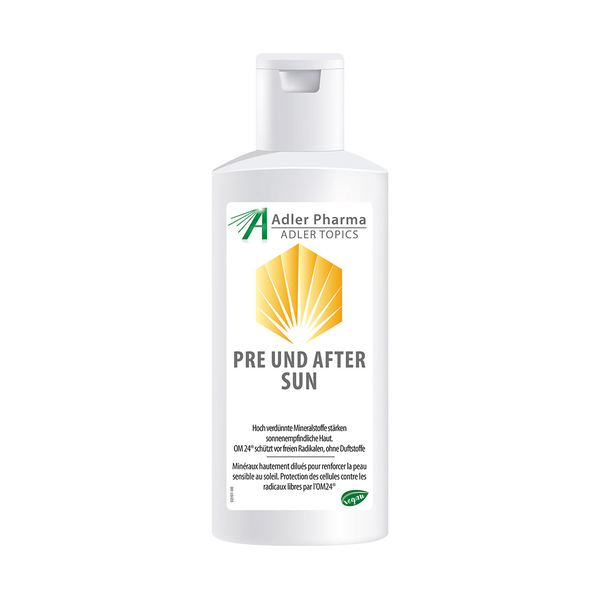 Flasche Sonnenpflege mit weißem Etikett, orangefarbener Muschelzeichnung und Aufschrift "PRE UND AFTER SUN".