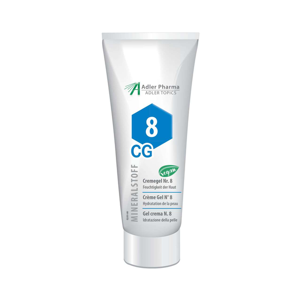 Kunststofftube mit Feuchtigkeit spendendem Cremegel Nr. 8 von Adler Pharma, vegan, in hellen Farben gehalten.