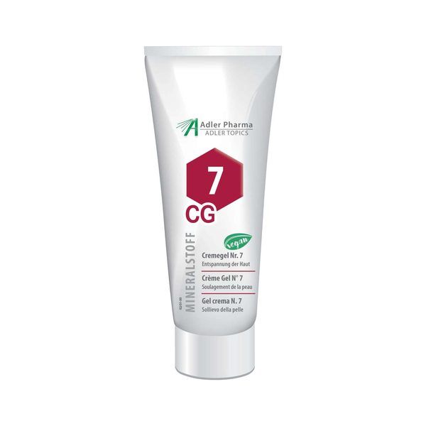 Weißes Tube mit rotem Schriftzug und hexagonalem Symbol, enthält Cremegel Nr. 7 zur Hautentspannung, vegan.