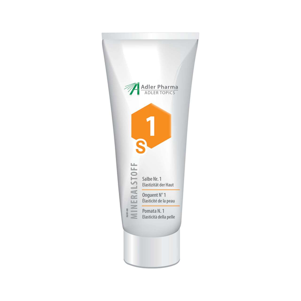 Tube mit einer Salbe zur Verbesserung der Hautelastizität, mit klaren Angaben und einem orangefarbenen Etikett.