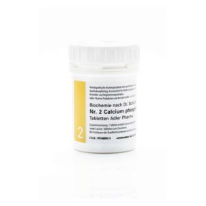 Weißes Pillenfläschchen mit gelbem Deckel für homöopathische Calcium-Phosphat-Tabletten von Adler Pharma.