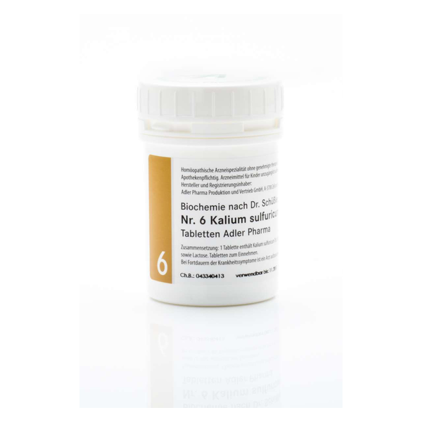 Weißer Behälter mit Schraubverschluss und gelbem Etikett, enthält homöopathische Kalium sulfuricum Tabletten.