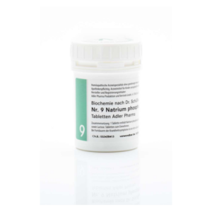 Rundes, weißes Röhrchen mit Schraubverschluss, das homöopathische Tabletten Nr. 9 Natrium phosphoricum von Adler Pharma enthält.