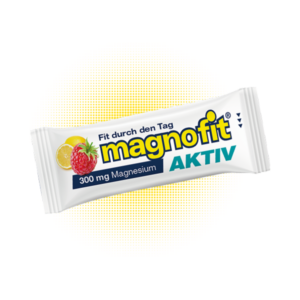 Verpackung von magnofit Aktiv mit Beeren- und Zitronendesign, enthält 300 mg Magnesium.