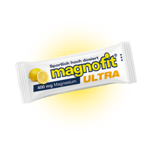 Verpackung eines Nahrungsergänzungsmittels mit Zitronenmotiv, 400 mg Magnesium, sportliche Dosierung angegeben.