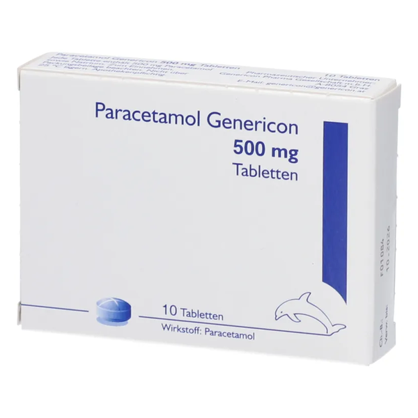 Packung mit Paracetamol-Genericon, enthält 500 mg Tabletten, blau-weiße Farbe, Abbildung eines Delfins.