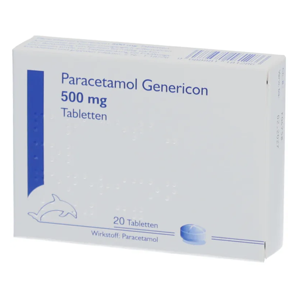 Weißes Medikamentenpackung mit blauer Schrift, enthält Paracetamol-Tabletten
