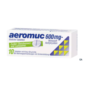 Packung mit aeromuc 600 mg, löslichen Tabletten zur Behandlung von Atemwegserkrankungen, Zucker- und Lactosefrei.