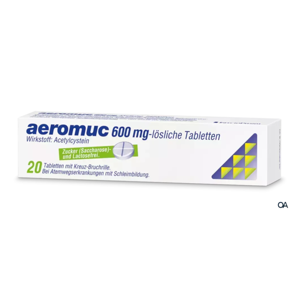 Verpackung von aeromuc 600 mg-löslichen Tabletten, bestehend aus einer Schachtel mit weißem Design und gelben Akzenten.