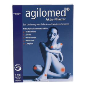 Packungsdesign von Agilomed Aktiv-Pflastern zur Linderung von Gelenk- und Muskelschmerzen, mit weiblicher Silhouette und Inhaltsstoffen