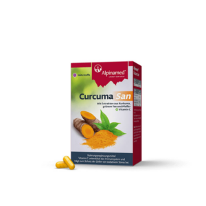 Verpackung von Curcuma San mit Kurkumawurzel, grünem Tee und Pfeffer, sowie zwei Kapseln im Vordergrund.