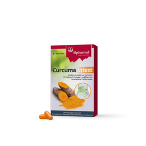 Verpackung von Curcuma Intest mit Kurkuma-Extrakt, zwei Kapseln und einem Bild von Darmbakterien auf rotem Hintergrund.
