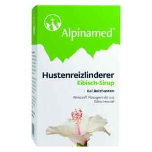 Verpackung des Hustendreizlinderer Eibisch-Sirups von Alpinamed mit weißer Blüte und grüner Schrift.