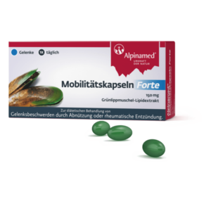 Verpackung der Mobilitätkapseln Forte mit grünen Kapseln und Abbildung der grünen Muschel, zur Gelenkbehandlung.
