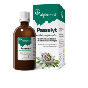 Braunes Fläschchen mit Beruhigungstropfen "Passelyt" und einer Verpackung mit grüner Schrift und Passionsblume.