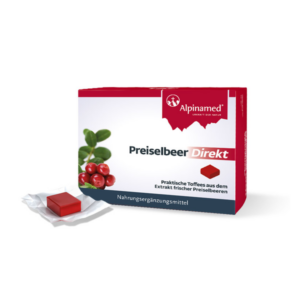 Verpackung von Preiselbeer-Direkt-Toffees mit frischen Preiselbeeren und einem roten Bonbon darin.