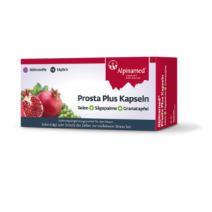 Verpackung von Prosta Plus Kapseln mit Selen, Sägepalme und Granatapfel, Nahrungsmittelergänzung für Männer.