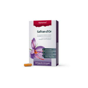 Packung mit Nahrungs Ergänzungsmittel 'Safran d'Or', mit lila Safranblüte und orangefarbener Kapsel.