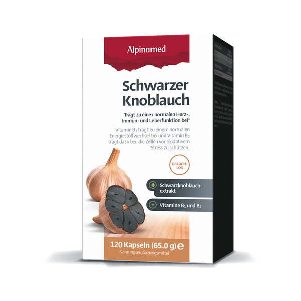 Packung mit schwarzem Knoblauchextrakt in Kapseln, Hinweise zu Inhaltsstoffen und gesundheitlichen Vorteilen.