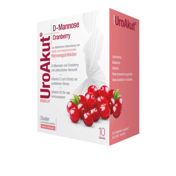 Verpackung von UroAkut D-Mannose Cranberry mit Informationen zur Anwendung bei Harnwegsinfekten und Zutaten.