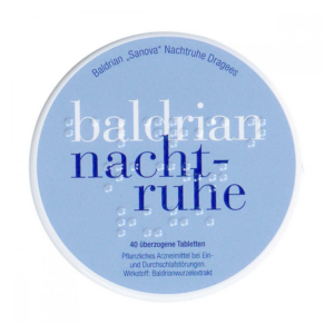 Runde Dose mit blauem Deckel, enthält überzogene Baldrian-Tabletten zur Unterstützung bei Schlafstörungen.