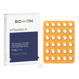 Packung mit BIO-H-TIN Vitamin H, 30 weißen Tabletten in einer orangefarbenen Blisterverpackung.