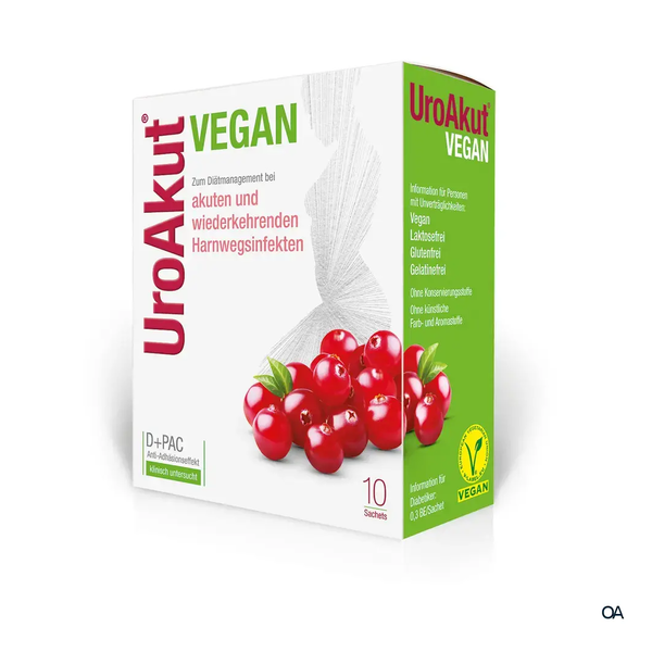 Verpackung von UroAkut VEGAN zur Unterstützung bei Harnwegserkrankungen, mit roten Beeren und wichtigen Inhaltsstoffen.