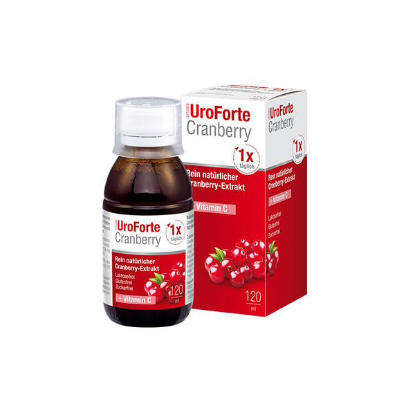 Braunglasflasche mit Cranberry-Extrakt und Verpackung, gekennzeichnet mit "UroForte Cranberry" und Vitamin C.