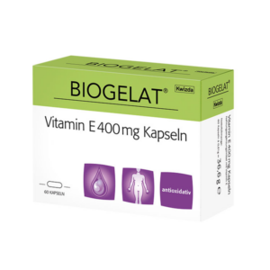 Verpackung von BIOGELAT Vitamin E 400 mg Kapseln in einer grünen Box mit Illustrationen der Kapsel und Nutzungshinweisen.