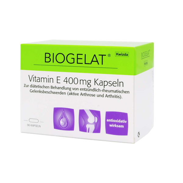 Verpackung von BIOGELAT Vitamin E 400mg Kapseln zur Behandlung rheumatischer Gelenksbeschwerden.