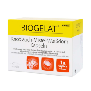 Packung mit Knoblauch-Mistel-Weißdorn-Kapseln zur Unterstützung bei Herz- und Kreislaufbeschwerden, 90 Kapseln im Inneren.