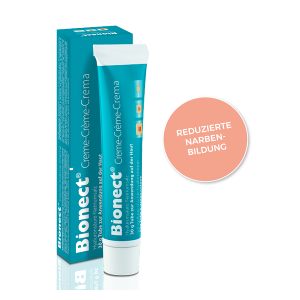 Bionect Creme in einer blauen Tube und Verpackung, beschleunigt die Heilung und reduziert Narbenbildung.