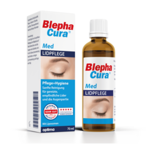 Flasche und Verpackung von BlephaCura Med Lidpflege, die sanfte Reinigung für empfindliche Lider bietet.