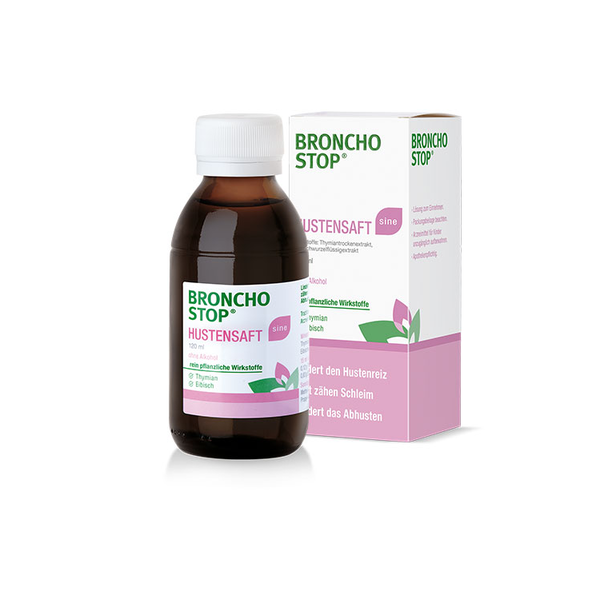 Broncho Stop Hustenbalsam in einer 120 ml Flasche, ohne Alkohol, mit umgebender Verpackung in rosa und weiß.