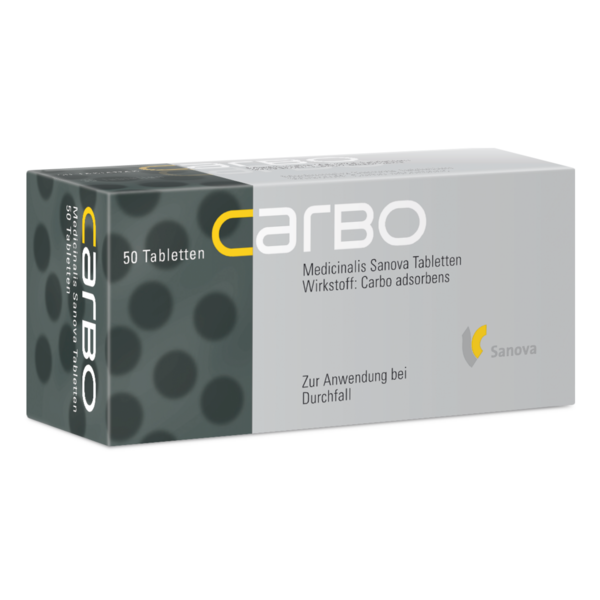 Packung mit 50 Sanova Tabletten zur Behandlung von Durchfall, mit schwarzer und grauer Gestaltung, Wirkstoff Carbo adsorbens.