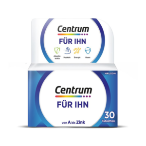 Verpackung von Centrum für ihn, unentgeltlich, enthält 30 Tabletten mit Nährstoffen für Abwehrkräfte, Muskeln und Energie.