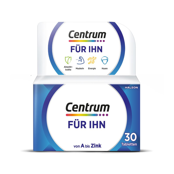 Verpackung von Centrum für ihn, unentgeltlich, enthält 30 Tabletten mit Nährstoffen für Abwehrkräfte, Muskeln und Energie.