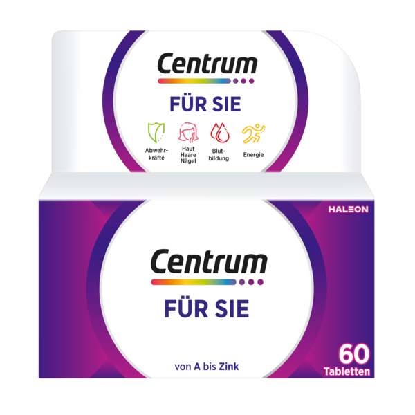 Tablettenverpackung von Centrum für Frauen, mit Symbolen für Abwehrkräfte, Haut, Haare und Energie.