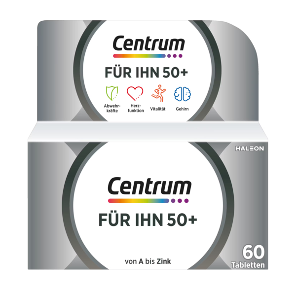 Verpackung von Centrum für Männer ab 50 Jahren, mit Symbolen für Abwehrkräfte, Herzfunktion, Vitalität und Gehirn.