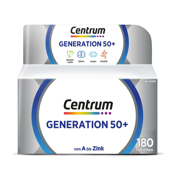 Verpackung von Centrum Generation 50+, mit Hinweis auf Abwehrkräfte, Gehirn, Augen und Vitalität.