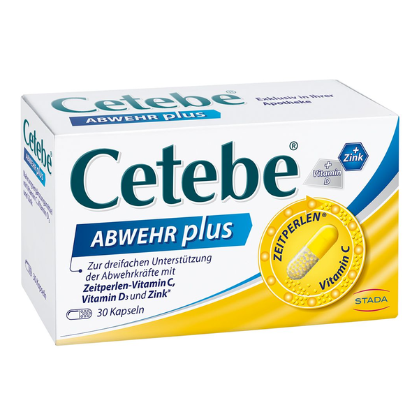 Packung mit Cetebe ABWEHR plus, zur Unterstützung der Abwehrkräfte, enthält Kapseln mit Vitaminen und Zink.