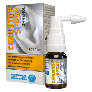 Flasche mit Cerustop Spray zur Entfernung von Ohrenschmalz, inklusive Anwendungsanweisungen und Inhaltsstoffen.